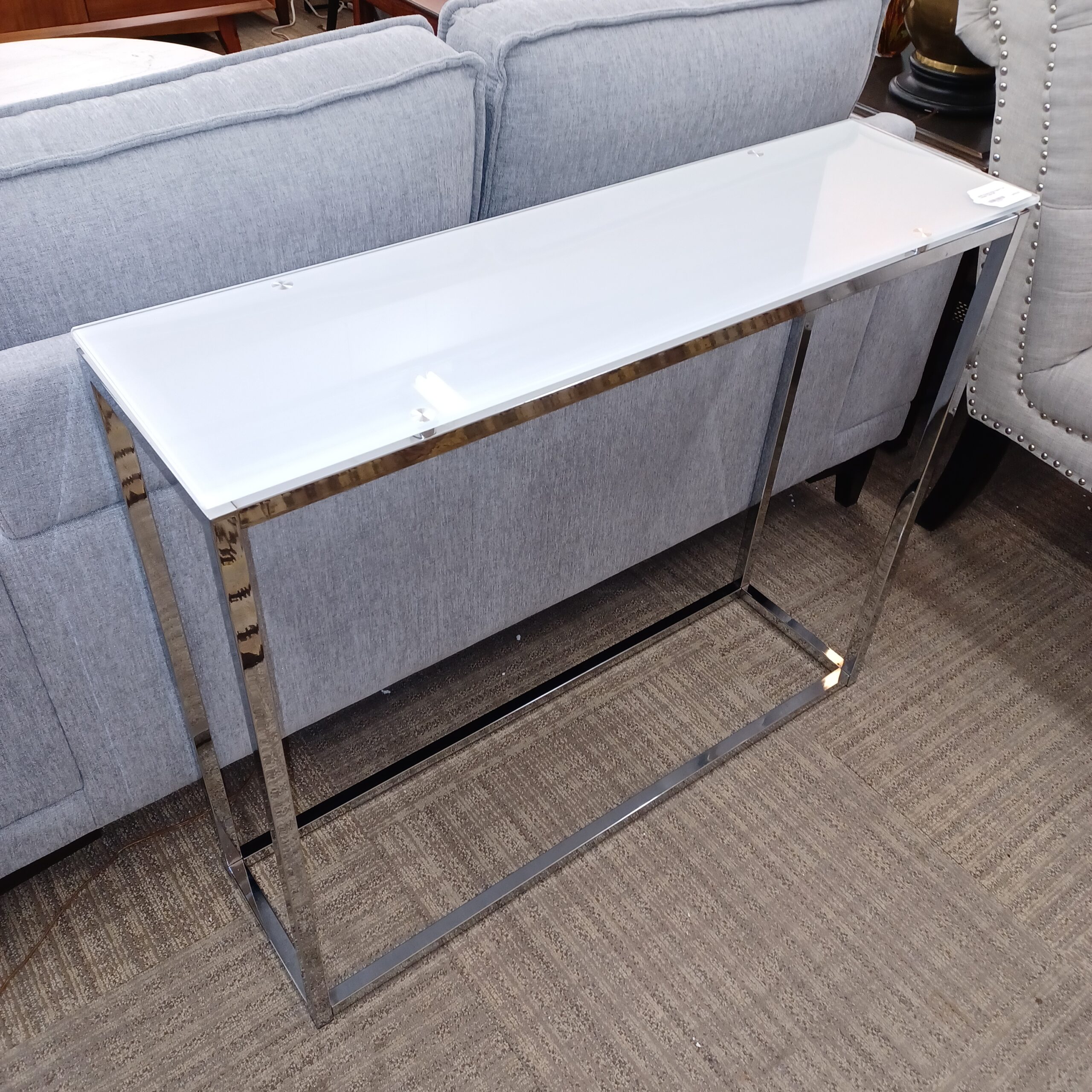 small chrome white glass top console table