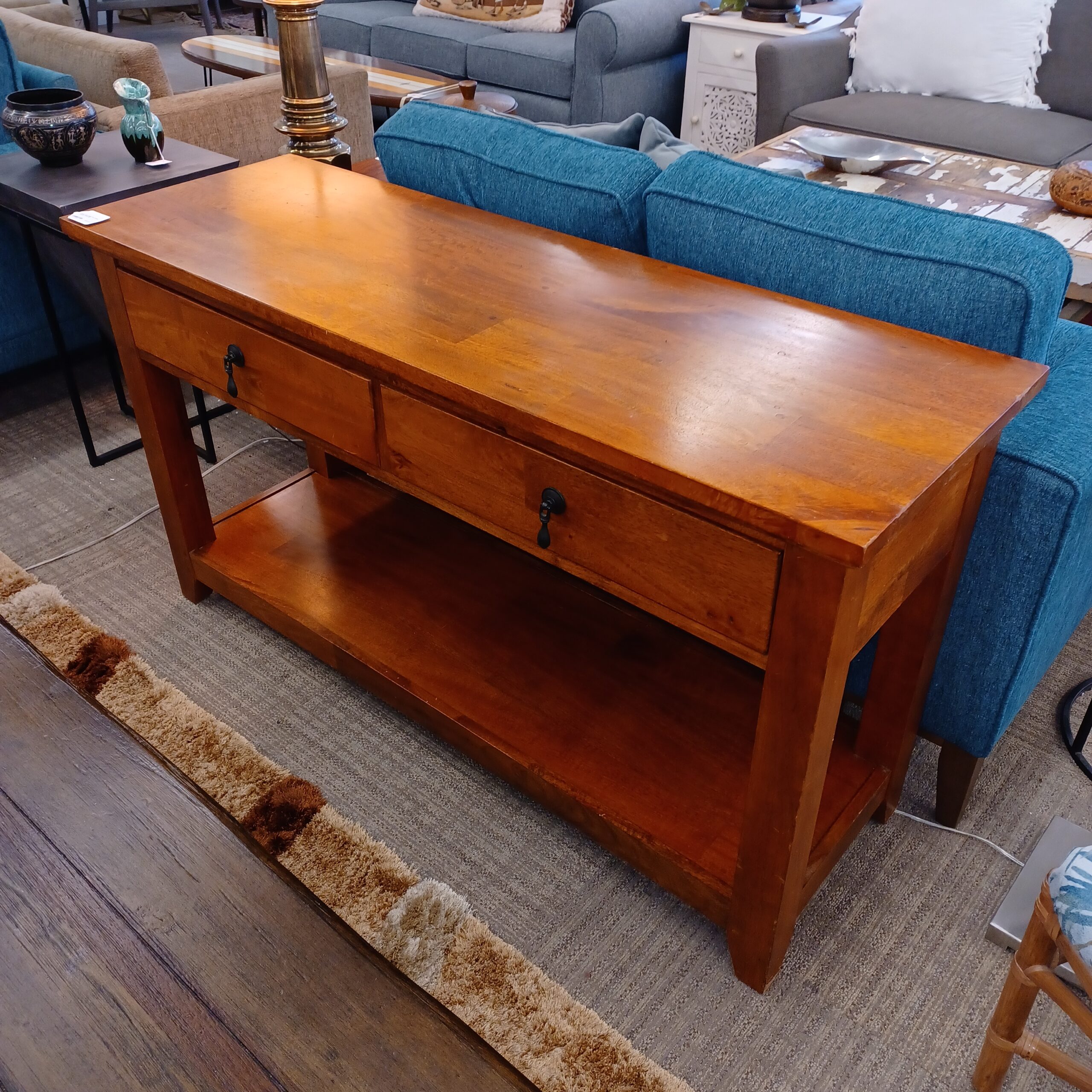 classic solid wood two drawer console table (as is)